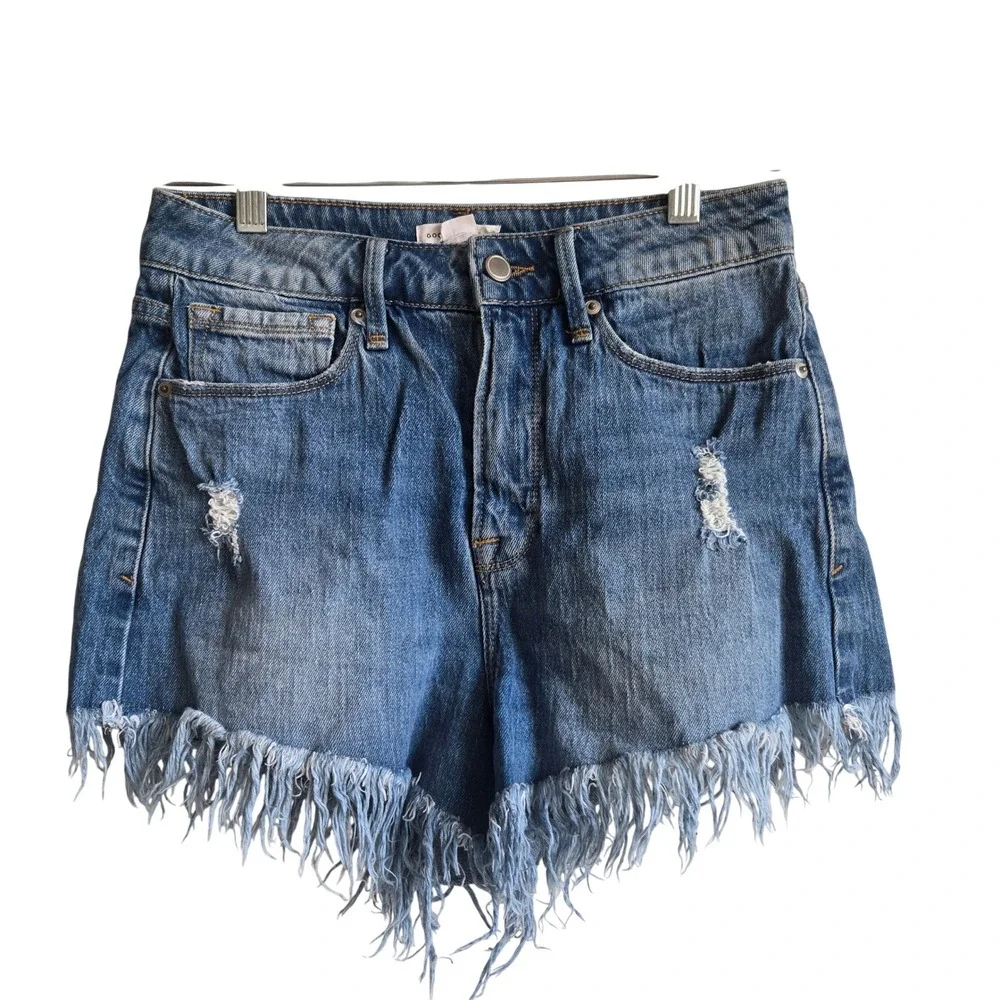Good American 2/26 Denim Shorts Womens Blue Excellent Frayed Distressed Cutoff
